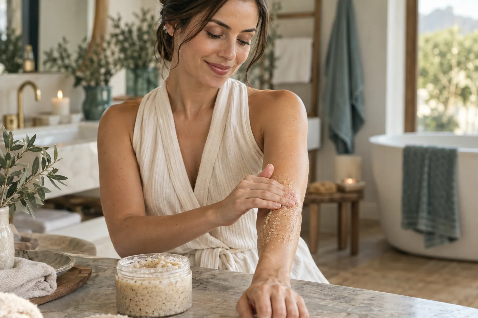 Adult woman gently applying a formulated scrub to her arm