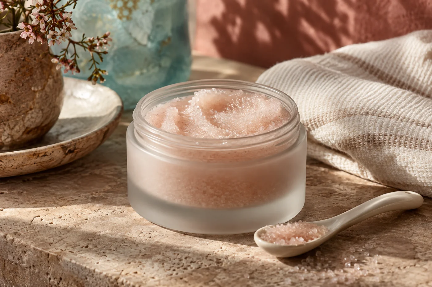 Fine textured body scrub in an open jar with a ceramic spoon