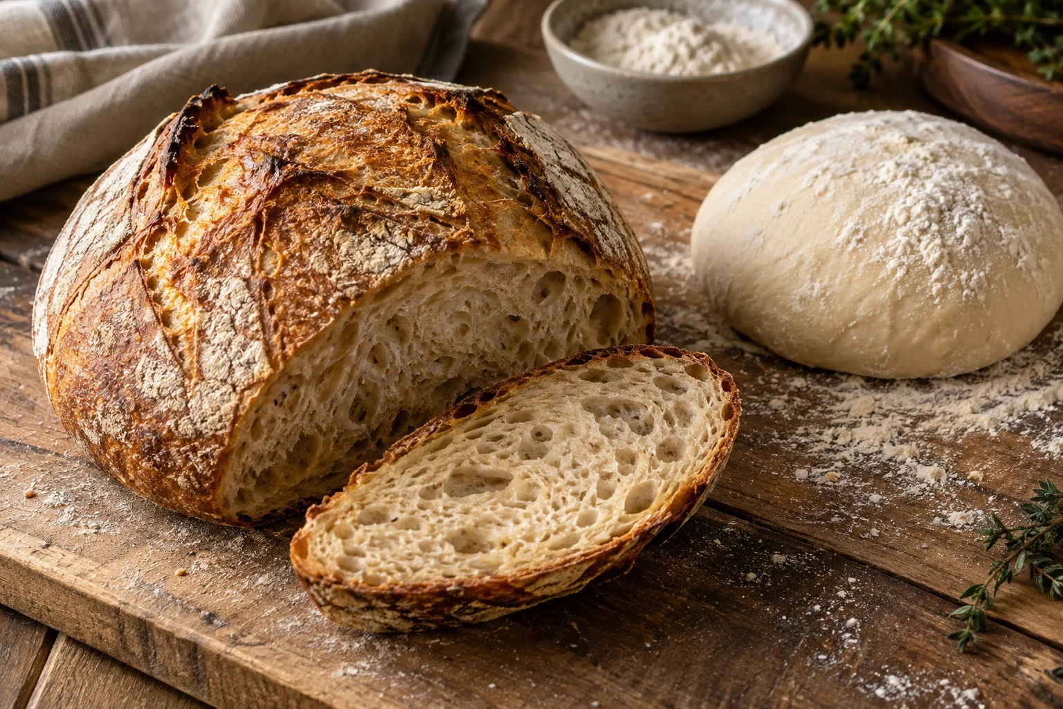 Fresh bread and dough on a board