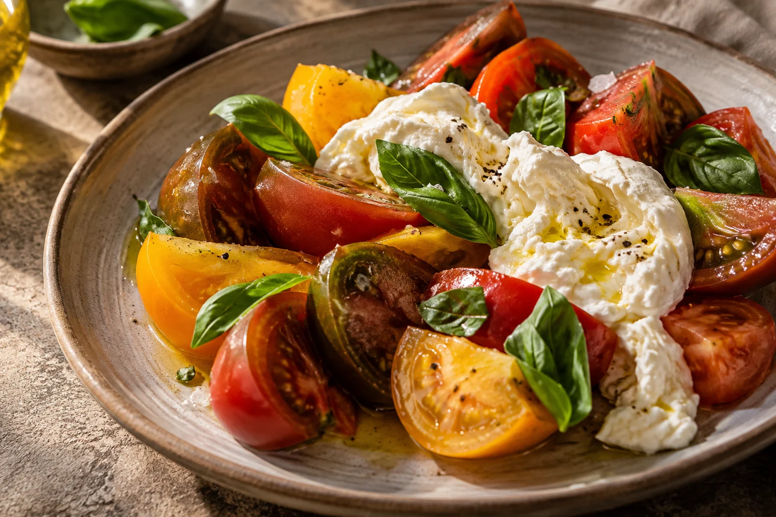 Tomato and burrata with a light salt finish