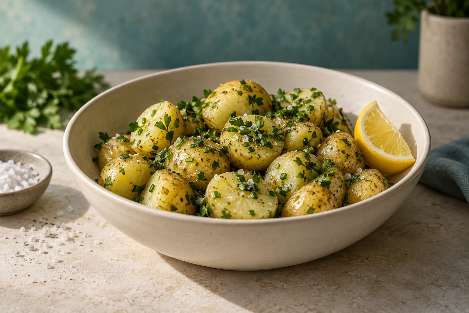 Warm herb potatoes with grey sea salt