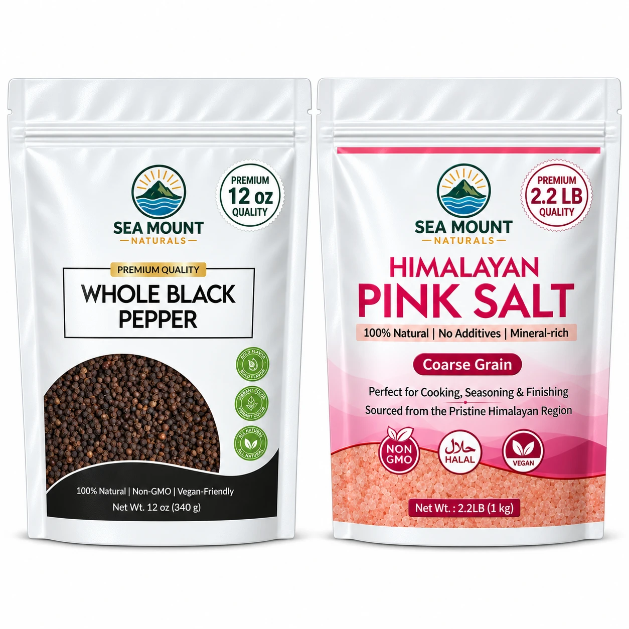 Pink Salt & Black Pepper — Coarse pink salt + whole peppercorns, Pink salt 2.2 lb + pepper 12 oz