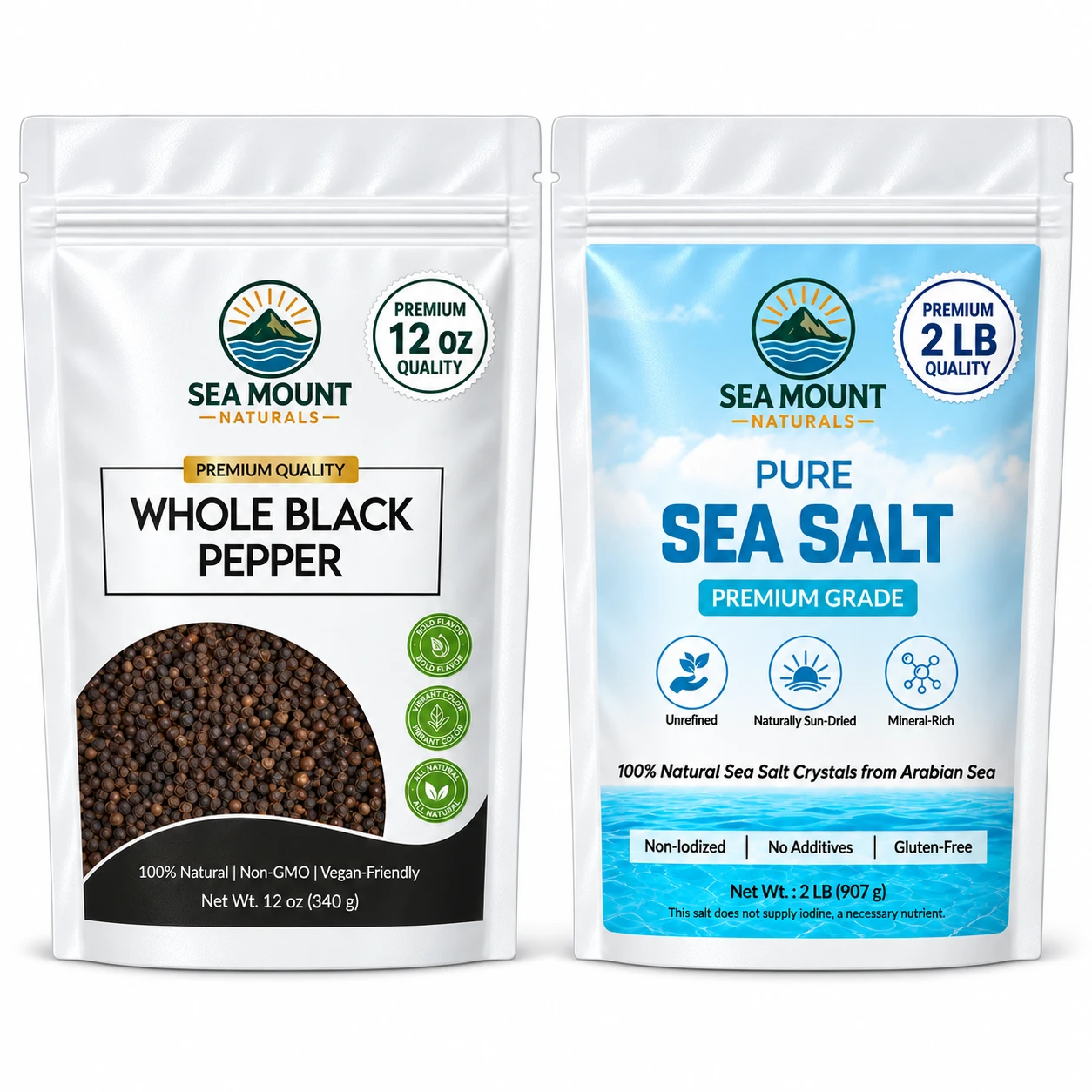 Sea Salt & Black Pepper — Coarse sea salt + whole peppercorns, Sea salt 2 lb + pepper 12 oz