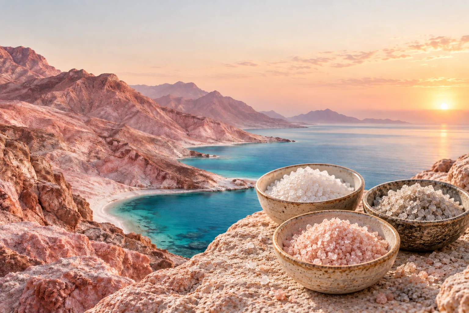Small pink, white and pale grey salt grains in ceramic bowls overlooking a mountain and sea landscape