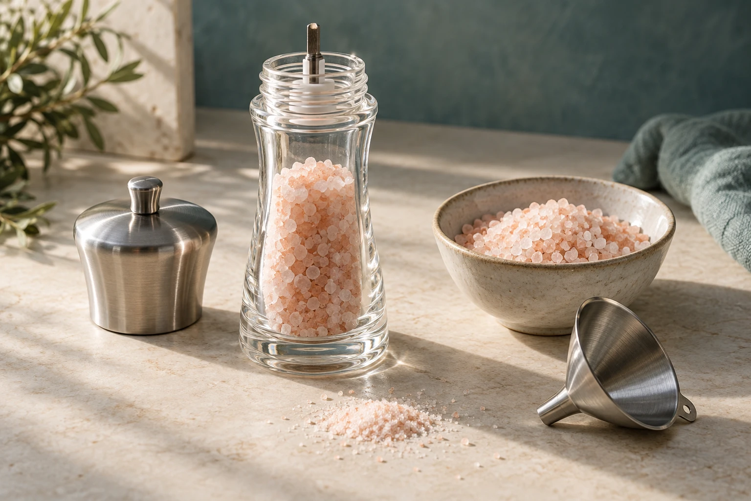 Salt mill with dry pink salt and refill tools